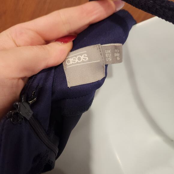 ASOS Navy Drip Waist Navy Dress Criss Cross Back US Sz 6 - Picture 3 of 4